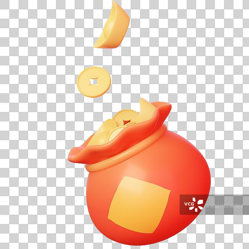 红金色装满元宝金币的钱袋3d立体插画元素图片素材
