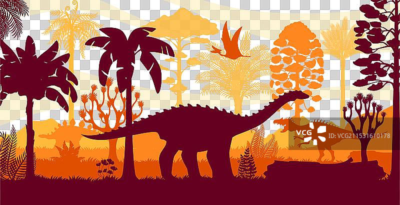 史前恐龙在丛林中的剪影图片素材