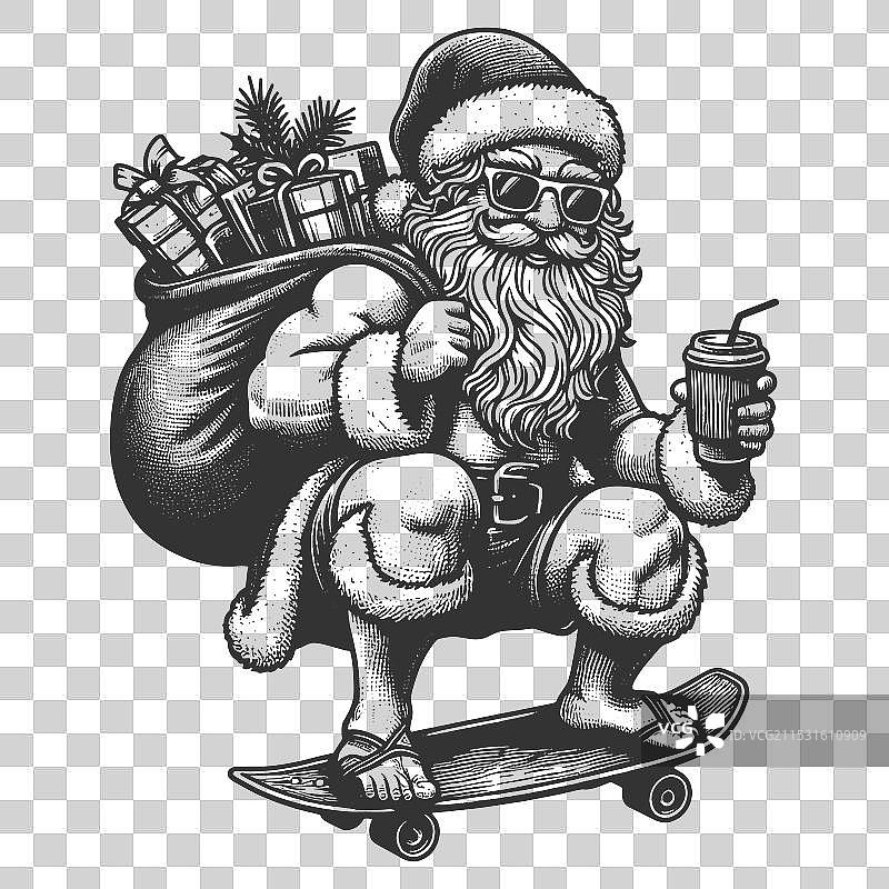 圣诞老人滑板与礼物袋图片素材