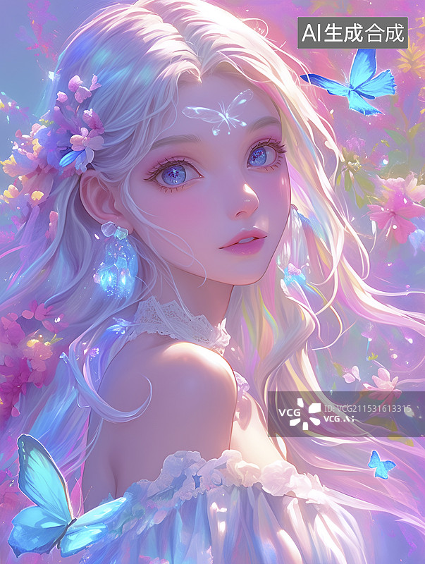 【AI数字艺术】被鲜花和蝴蝶包围着的美少女图片素材