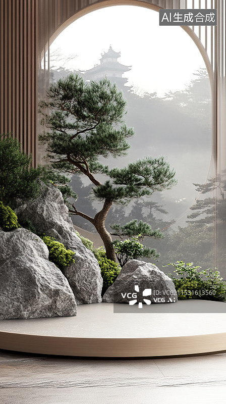 【AI数字艺术】迎宾松假山中国古代建筑产品3D展台电商背景图片素材