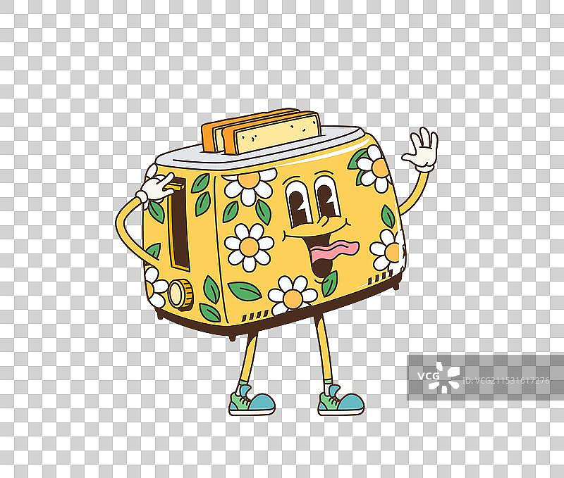 复古卡通风格的时髦早餐烤面包机角色图片素材