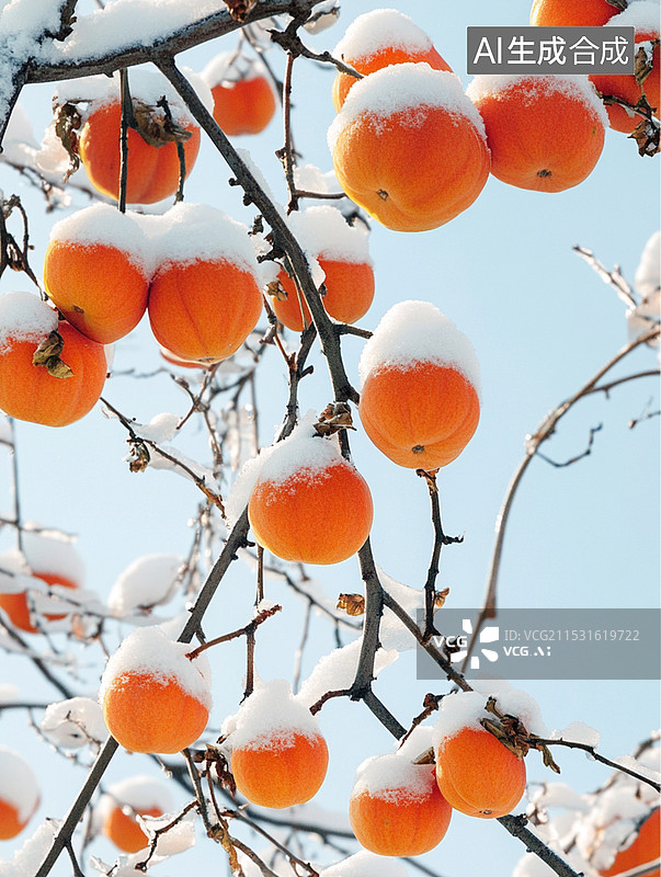 【AI数字艺术】雪中的柿子近景图片素材