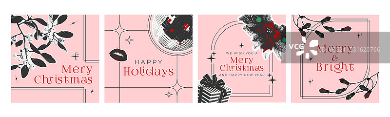 现代圣诞卡片套装，带有复印效果图片素材