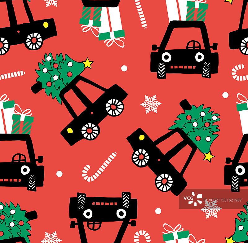 卡通汽车与圣诞树的无缝图案图片素材