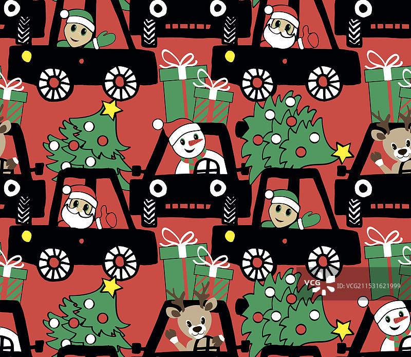卡通汽车与圣诞老人、雪人、精灵和鹿图片素材