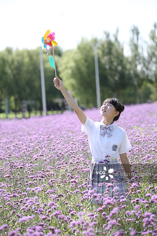 薰衣草花海里穿JK裙玩风车的女孩图片素材