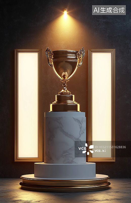 【AI数字艺术】金色的奖杯放置在大理石基座上图片素材