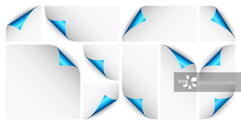 一组蓝色纸卷，卷曲的页面角落图片素材