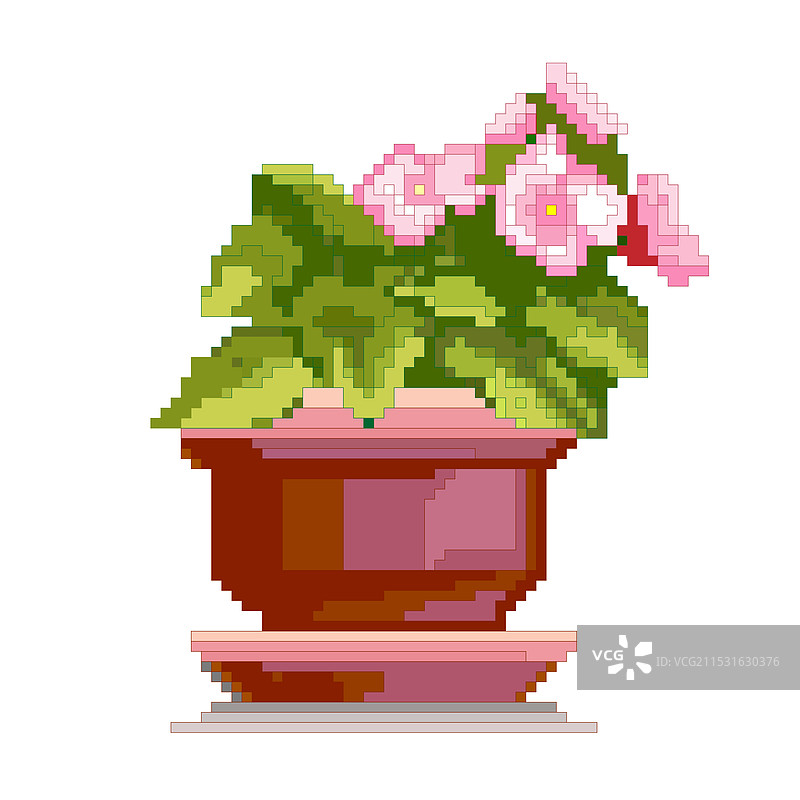 花盆中的装饰性粉色花朵像素艺术图片素材