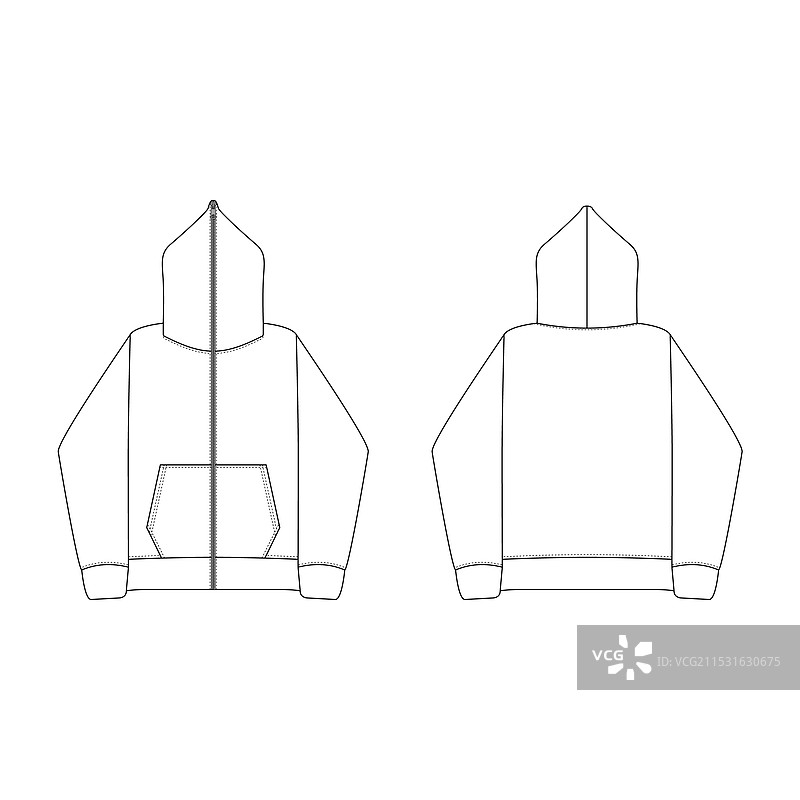 全拉链连帽卫衣平面技术图纸图片素材