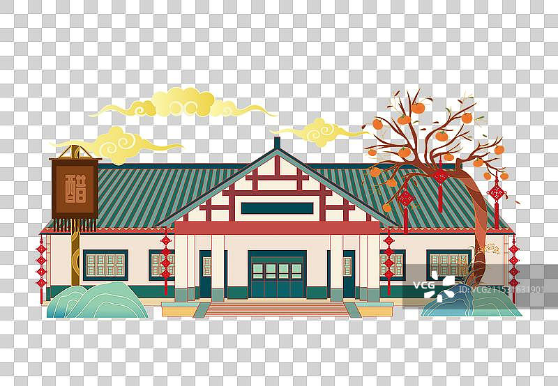 国风国潮风新中式地标建筑矢量插画元素—中国镇江醋文化博物馆图片素材