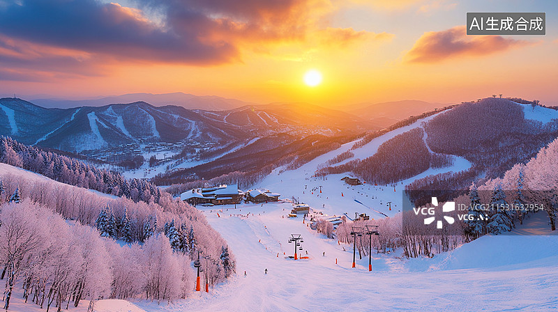 【AI数字艺术】迎着朝阳升起的滑雪场插画背景配图图片素材