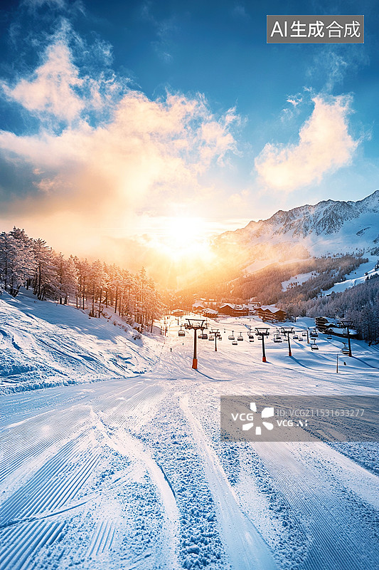 【AI数字艺术】阳光下的滑雪场滑雪运动场地插画背景配图图片素材