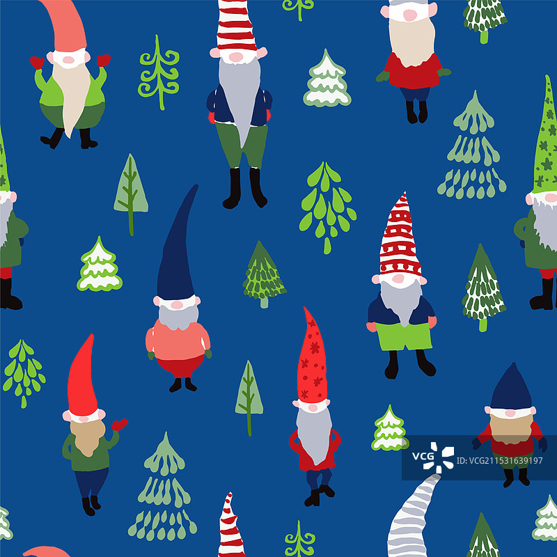 无缝图案，包含圣诞侏儒和树木图片素材