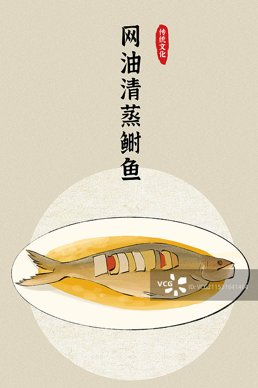 网油清蒸鲥鱼-上海特色传统美食土特产小吃插画海报图片素材