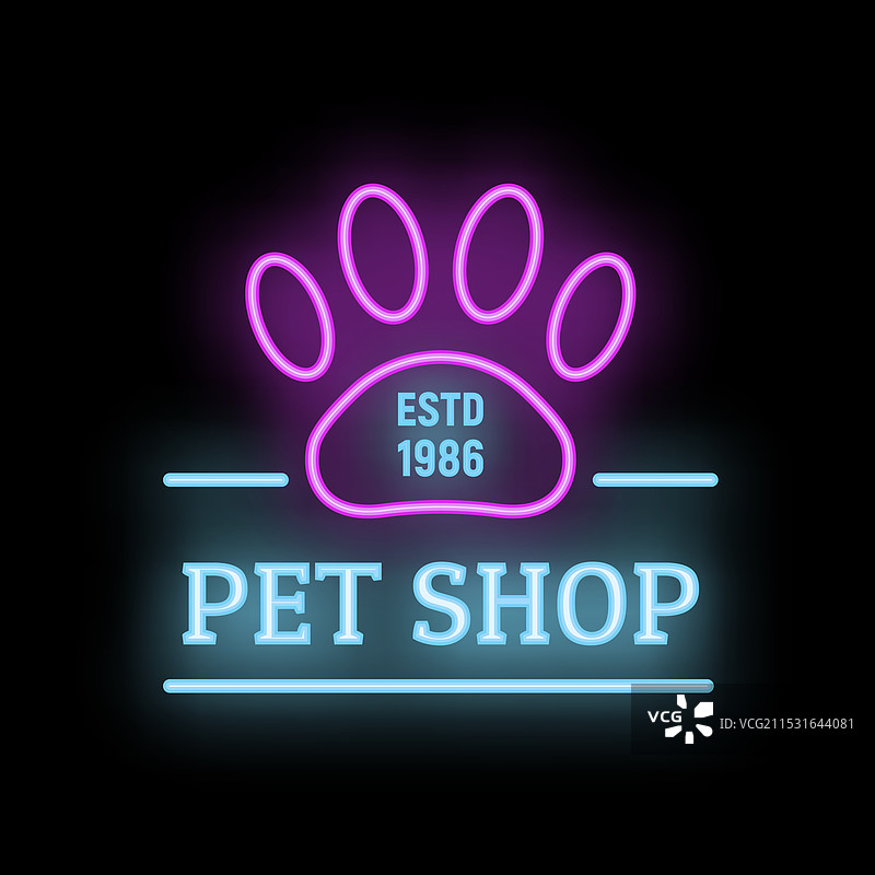 霓虹宠物店招牌，带有发光的爪印图片素材