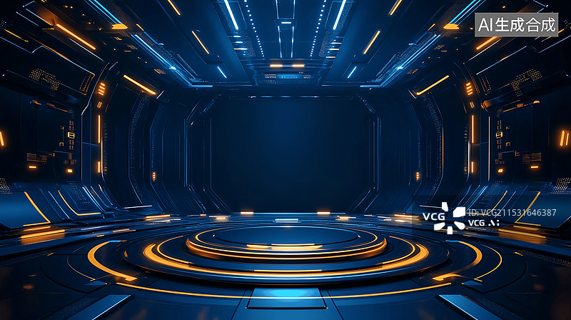 【AI数字艺术】3D电子竞技空间站展台蓝色科幻场景图片素材