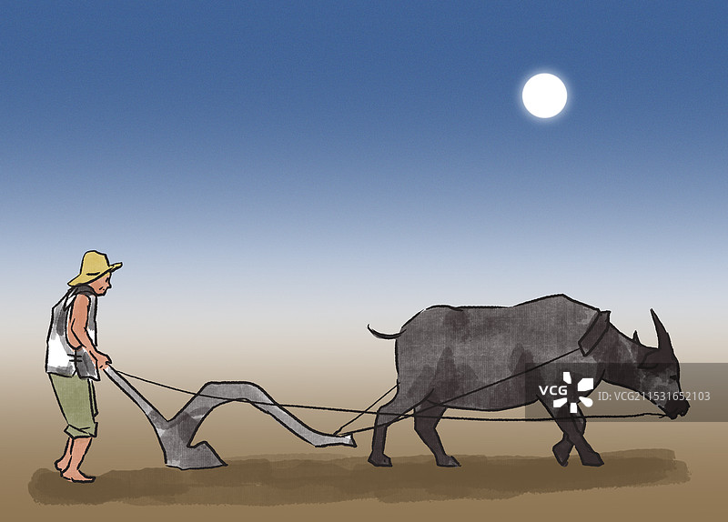 中国风新中式古风古典传统文化古装古人古代古时候历史文化乡村乡下农村耕田耕地耕种劳动耕牛资讯卡通插画图片素材