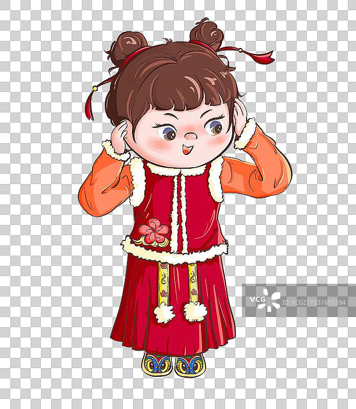 新年春节元旦卡通手绘国潮风捂耳朵的小女孩图片素材