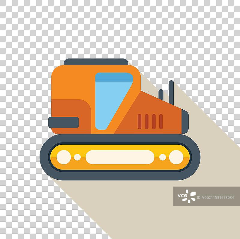 橙色推土机在挖掘，投下长长的影子图片素材