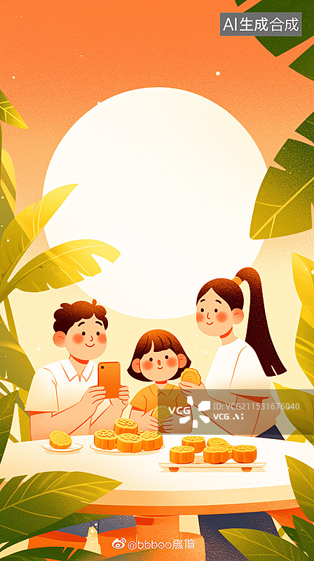 【AI数字艺术】中秋节一家人在团聚吃饭的场景插画图片素材
