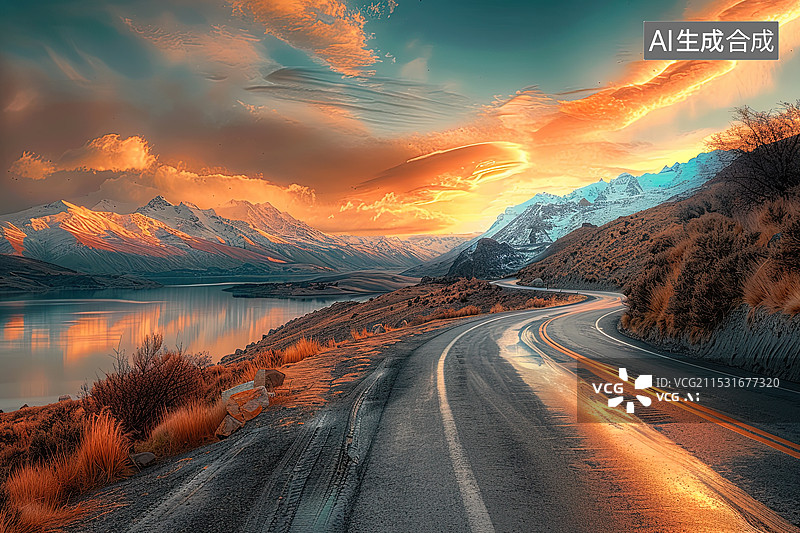 【AI数字艺术】傍晚火烧云和湖泊及群山唯美插图图片素材