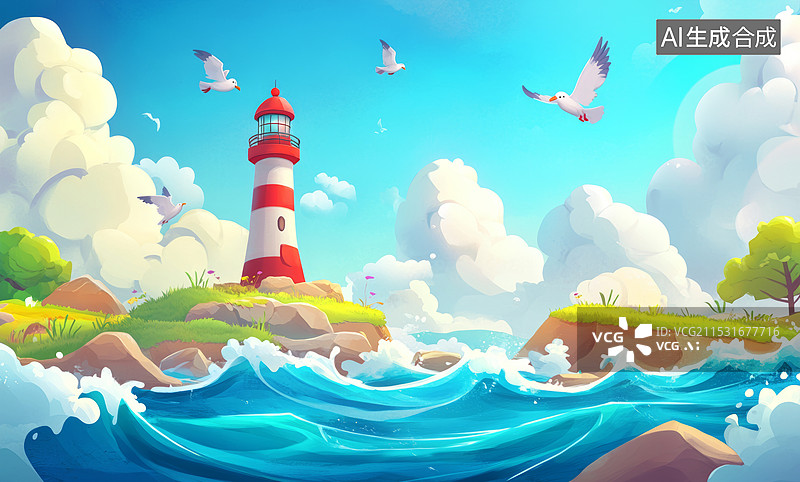【AI数字艺术】一座红白相间的灯塔，位于海中的岩石上。天空中有几朵白云和飞翔的海鸥，海浪拍打着岸边和岩石图片素材