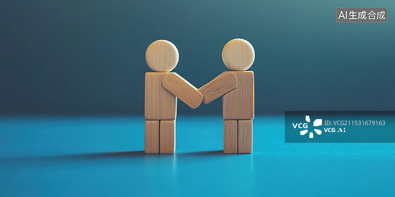 【AI数字艺术】2个木头人互相握手企业互帮互助合作共赢概念网络招聘成功人才背景图片素材