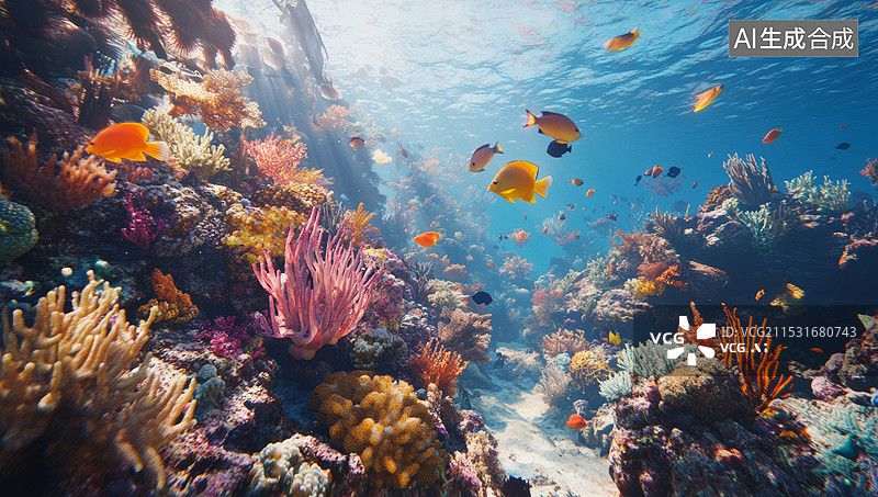 【AI数字艺术】一个美丽的海底珊瑚礁景象。阳光透过水面，照射在五彩斑斓的珊瑚和游动的小鱼上，营造出一种宁静而生动的氛图片素材