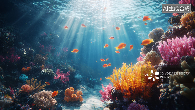 【AI数字艺术】一个美丽的海底珊瑚礁景象。阳光透过水面，照射在五彩斑斓的珊瑚和游动的小鱼上，营造出一种宁静而生动的氛图片素材