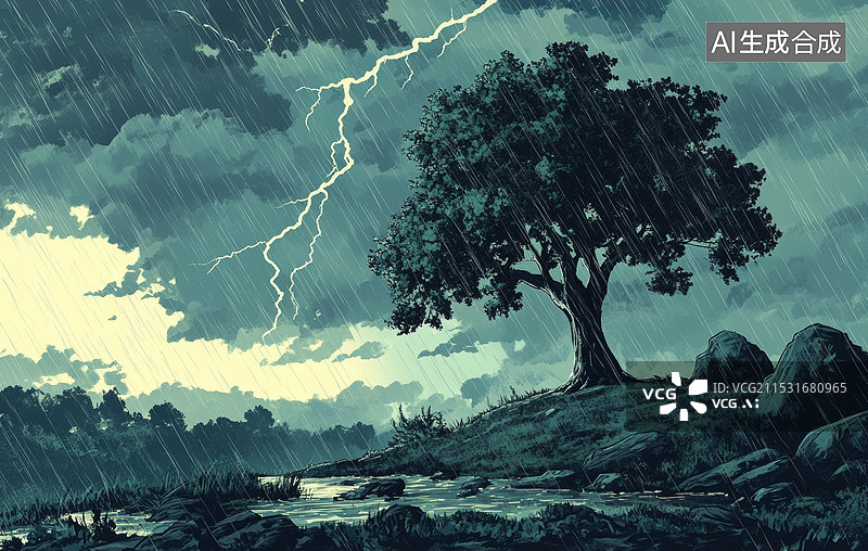 【AI数字艺术】一棵在暴风雨中被闪电击中的大树。树干和树枝上闪烁着金色的光芒，周围的雨水倾泻而下，营造出一种神秘图片素材