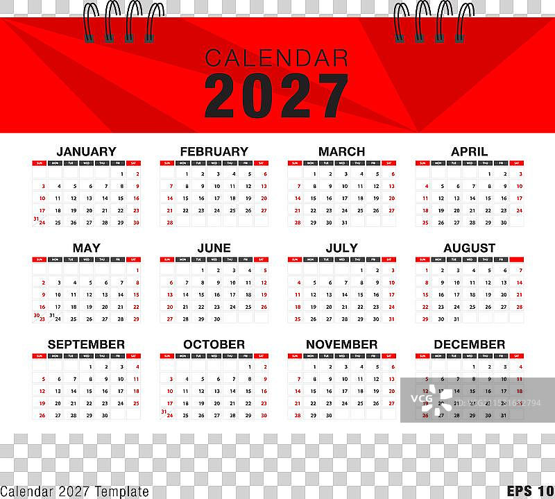 2027年日历模板，12个月的年度日历图片素材