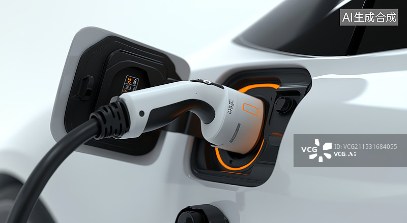 【AI数字艺术】一辆电动汽车的充电接口，插头已经插入车内。背景是纯白色的，突显了车辆和充电设备的设计细节。图片素材