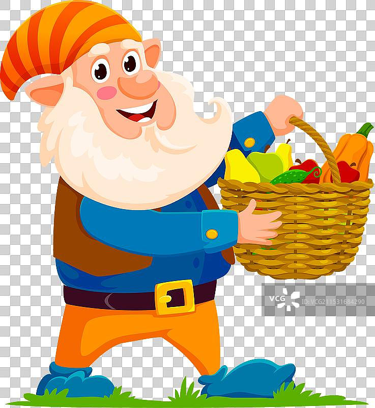 卡通小矮人与成熟的生鲜水果篮图片素材