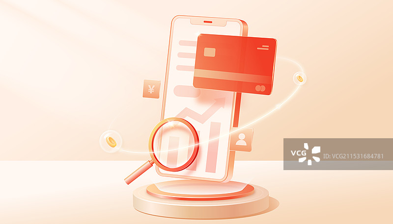 金融理财手机银行卡和放大镜图片素材