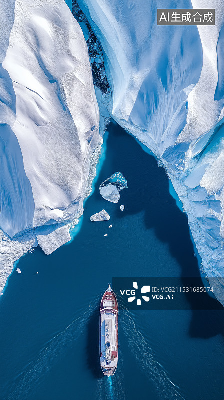 【AI数字艺术】这艘船圆滑的设计与从海上陡然升起的粗糙、崎岖的冰层形成了鲜明的对比图片素材