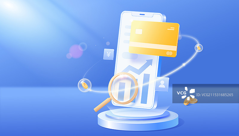 金融理财手机银行卡和放大镜图片素材