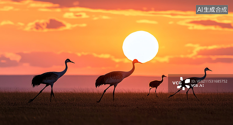 【AI数字艺术】一群鹤在日落时分的草地上行走。夕阳西下，天空被染成了橙红色，太阳即将落下地平线，形成美丽的剪影效果。图片素材