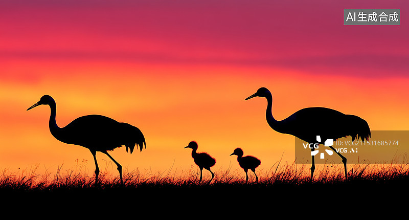 【AI数字艺术】一群鹤在日落时分的草地上行走。夕阳西下，天空被染成了橙红色，太阳即将落下地平线，形成美丽的剪影效果。图片素材