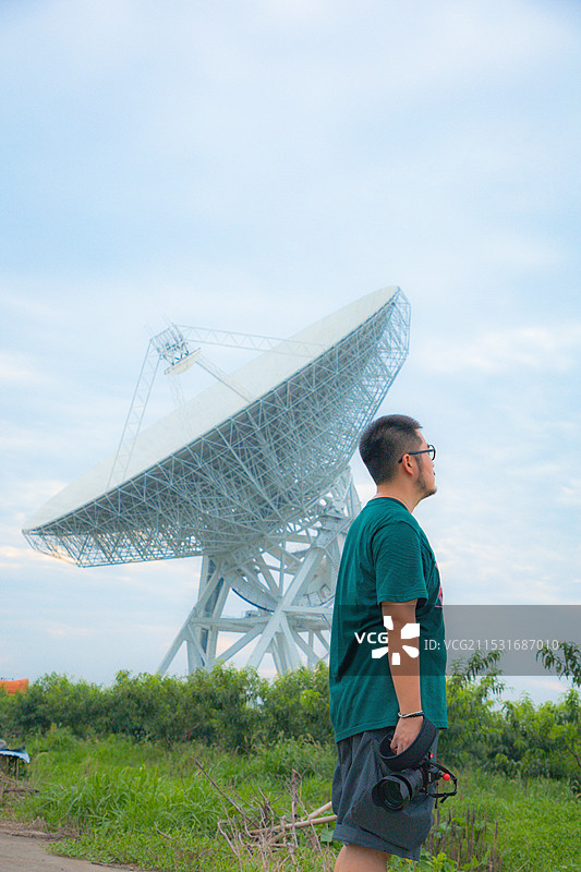 上海市松江区-夕阳下拍摄天文望远镜的年轻人图片素材