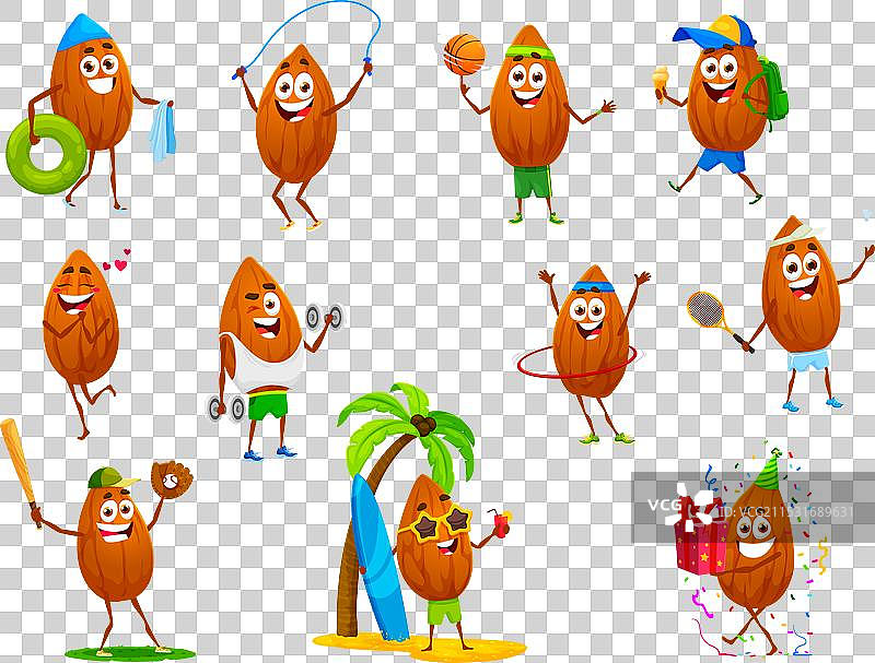 卡通杏仁坚果角色在夏季运动中图片素材