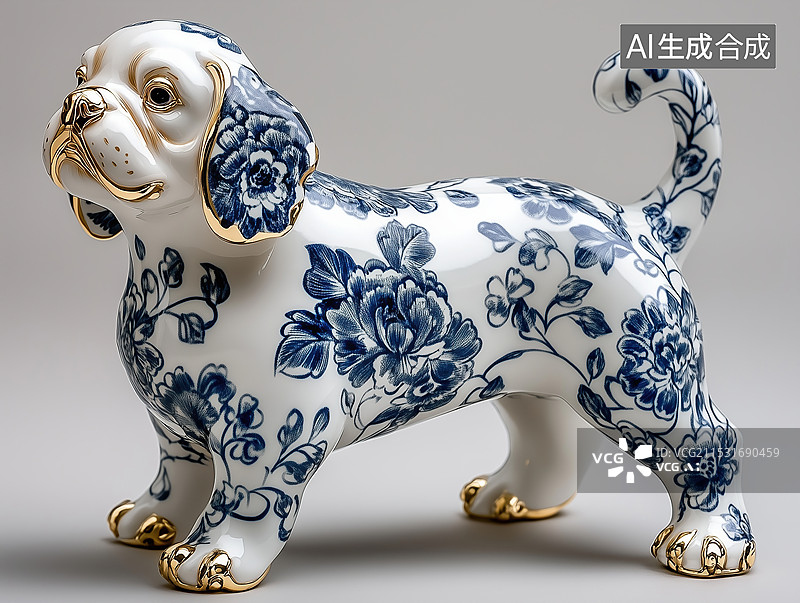 【AI数字艺术】青花瓷材质的小狗雕塑图片素材