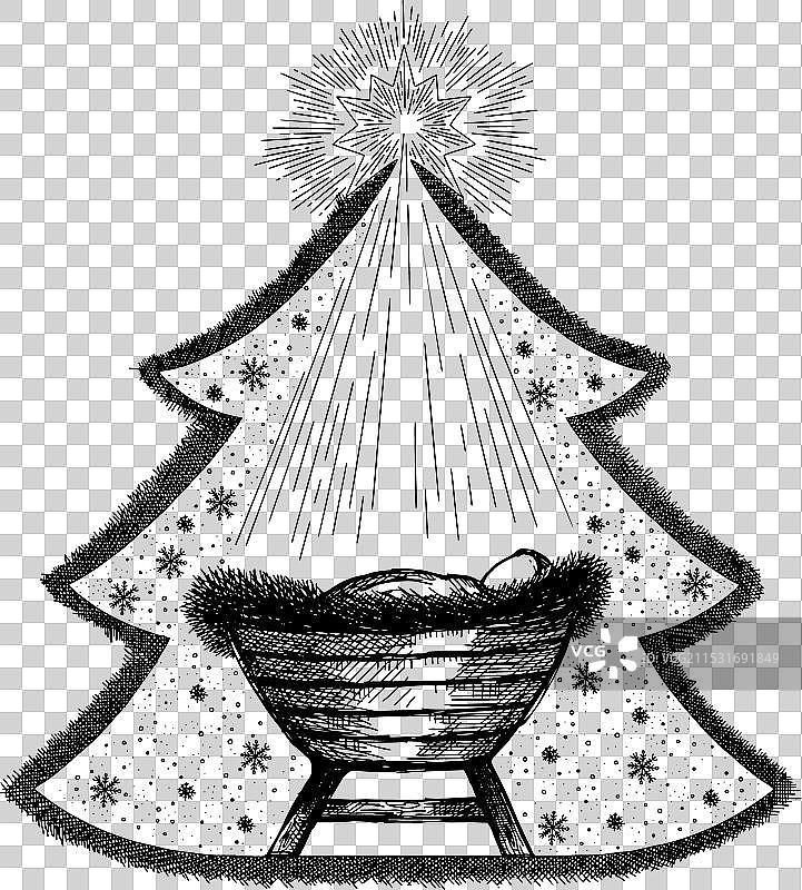 手绘的耶稣诞生场景与马槽图片素材