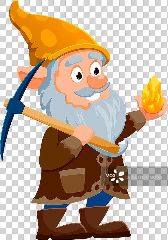 卡通侏儒矿工手持金块和镐子图片素材