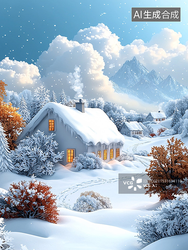 【AI数字艺术】一个宁静祥和的冬日雪景，被雪覆盖的小屋、树木、灌木丛以及广阔的雪山，营造出一个静谧而美丽的冬日世界图片素材