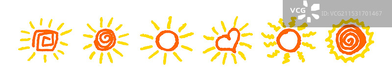 一组有趣的儿童画风格的黄色太阳系列图片素材