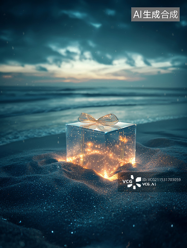 【AI数字艺术】海边沙滩上的发光礼盒与蓝色黄昏背景礼盒, 发光, 沙滩, 海边, 蓝色, 黄昏, 浪漫, 温暖, 背图片素材