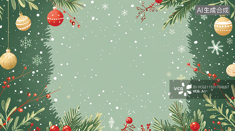 【AI数字艺术】冬天圣诞节小彩灯节日雪花装饰绿色海报图片素材