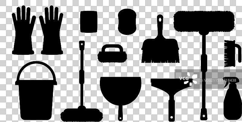 一套黑色卡通清洁工具用于洗涤图片素材